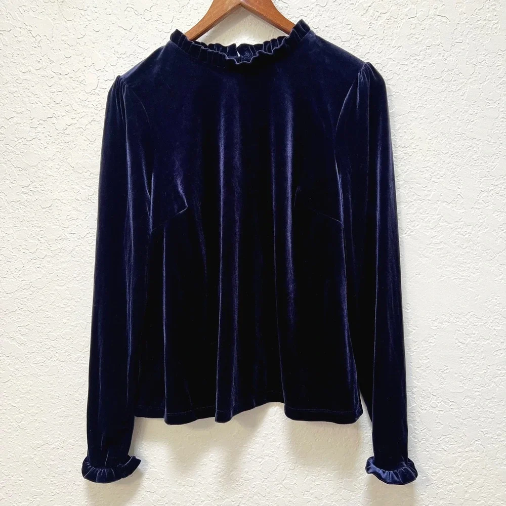 Boden Navy Blue Velvet Ruffle Neck Long Sleeve Top Blouse US 12 Luxe Festive